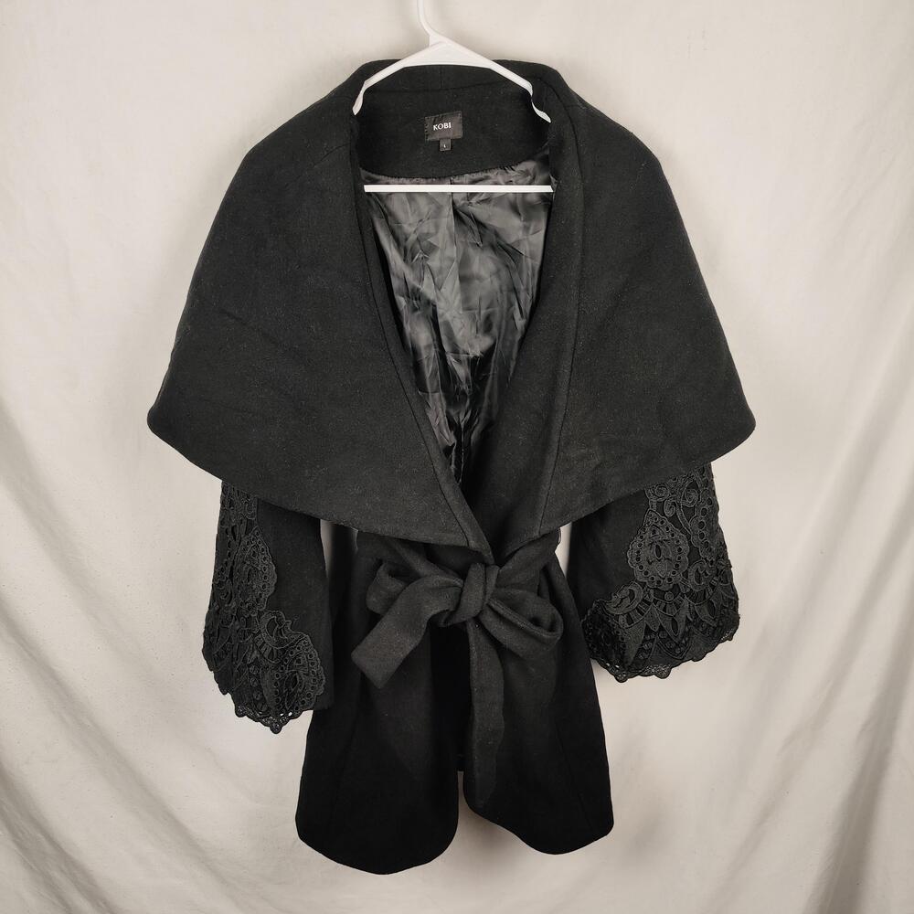 KOBI Coat Womens Large Black Wool Lace Bell Sleeve Belted Overcoat Gothic